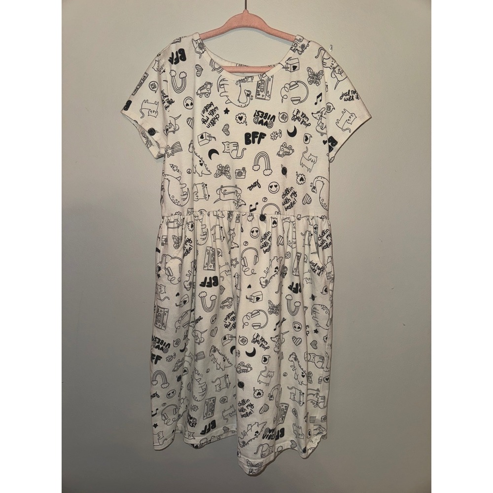 Wonder Nation Girls Dress L 10-12 White Black‎ Print Short Sleeve Casual
